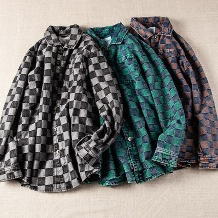 阿美咔叽美式复古水洗港风工装格子做旧牛仔衬衫男宽松休闲外套潮