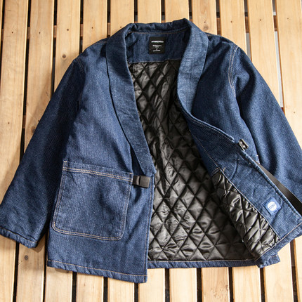 日系复古夹棉保暖羽织道袍棉服V领全棉牛仔棉衣休闲外套男春秋潮