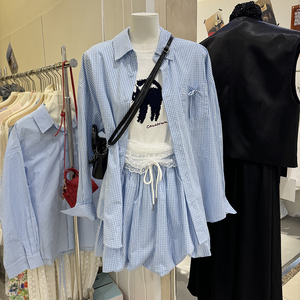 韩版简约风翻领格子衬衫+抽绳花苞短裙套装女春款宽松百搭两件套