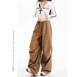 新款 美拉德咖色闊腿工裝 女春季 寬松顯瘦高腰松弛垂感傘兵褲 休閑褲