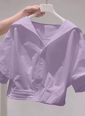 紫色翻领泡泡袖衬衫女夏季2025新款ins风宽松百搭休闲小个子女装