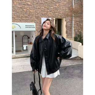 复古港风宽松开春皮夹克 新款 皮衣外套女黑色短款 小个子2025年春季