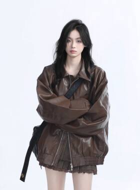 秋季新款PU皮纯色嘻哈外套上衣ins美式复古机车风皮夹克男女帅气
