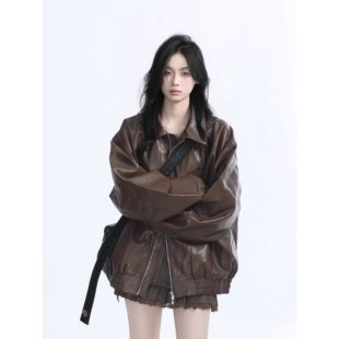 复古机车风皮夹克男女帅气 PU皮纯色嘻哈外套上衣ins美式 秋季 新款