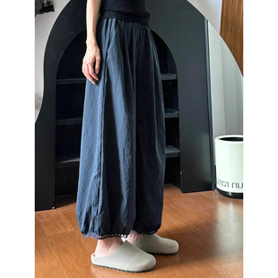日系灯笼阔腿裤女夏薄款藏青色裤子大码胖mm显瘦小个子花苞九分裤