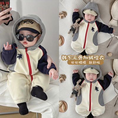 韩版秋冬宝宝奥粒绒连帽爬服外出连体衣可爱保暖哈衣外套婴儿衣服