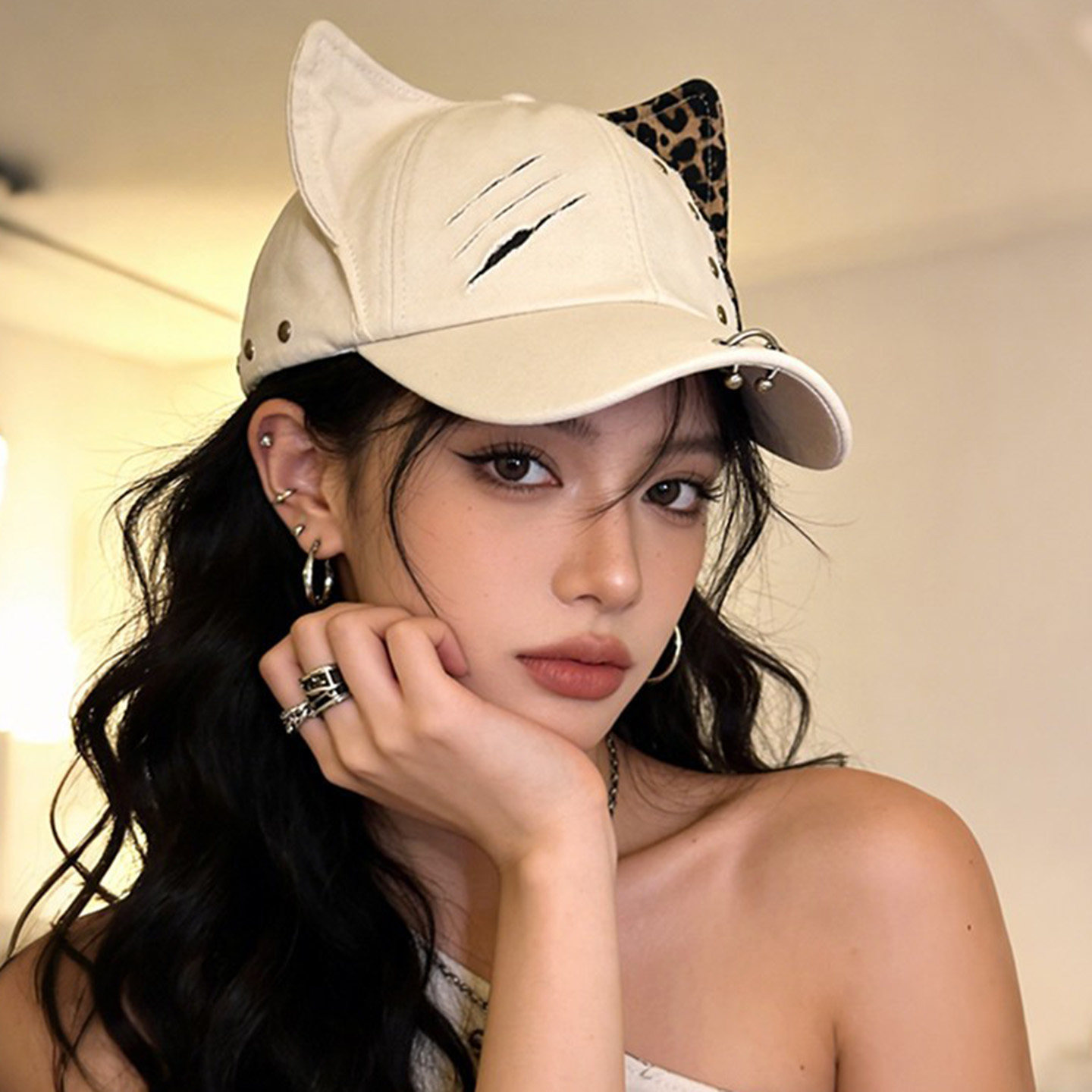 豹纹铆钉可爱猫耳朵棒球帽子女春季辣妹街头时尚百搭显脸小鸭舌帽,服饰配件/皮带/帽子/围巾,帽子,淘宝优惠券,粉丝福利购,淘宝优惠卷