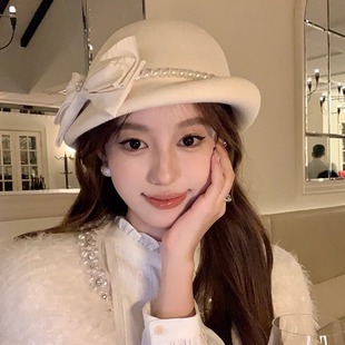 纯羊毛赫本风法式卷边渔夫帽子女优雅千金风定型礼帽显脸小盆帽冬