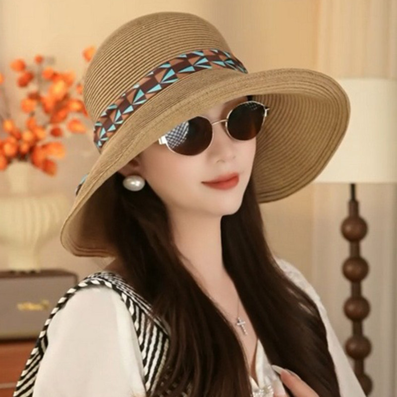 旅游拍照草编大檐渔夫帽女士户外沙滩可折叠草帽夏季防晒遮阳帽子