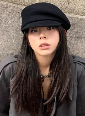 fever同款英伦风黑色小众贝雷帽子女秋冬显脸小羊毡帽毛呢画家帽