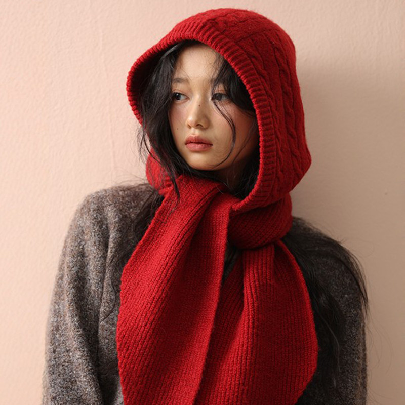 2026新款巴拉克拉法帽子女冬季新年红围巾一体保暖护耳针织毛线帽