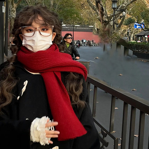 红色针织围巾女冬季韩版ins百搭