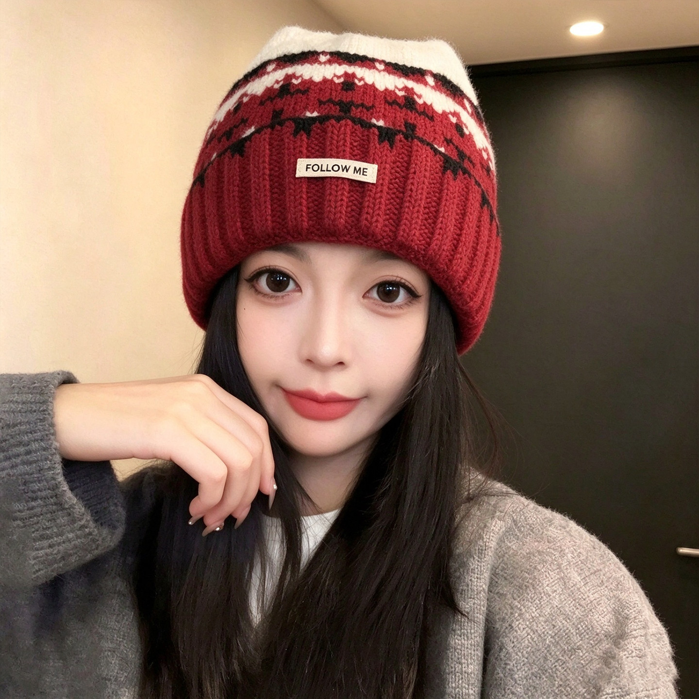 复古提花猫耳加厚保暖毛线帽女