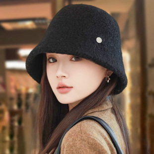 羊羔毛渔夫帽子女2025秋冬季大头围黑色水桶帽百搭保暖显脸小盆帽