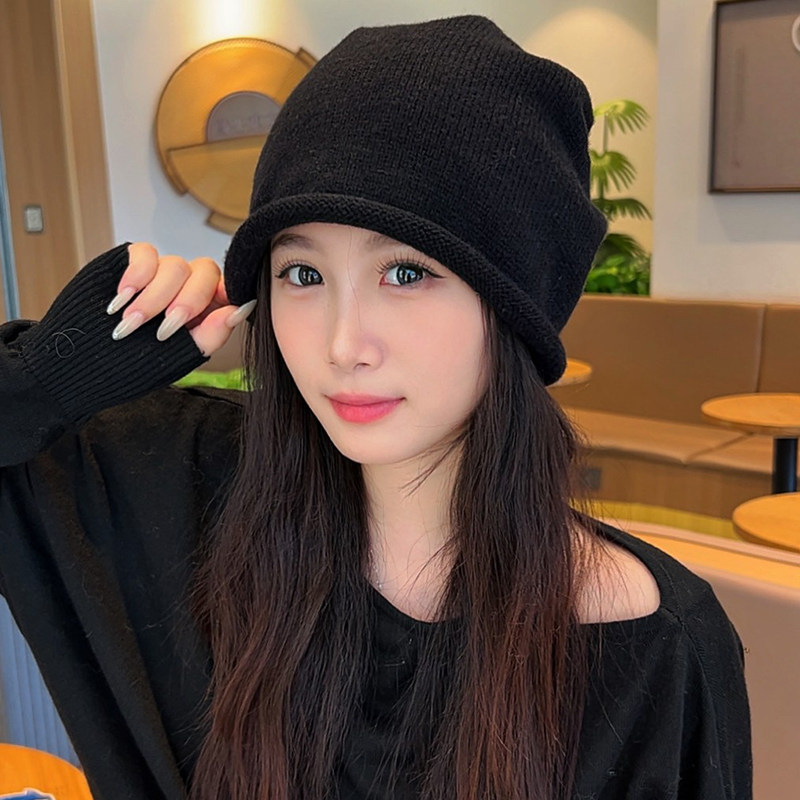 2026新款卷边抽绳针织堆堆帽子女秋冬季百搭显脸小保暖护耳冷帽潮