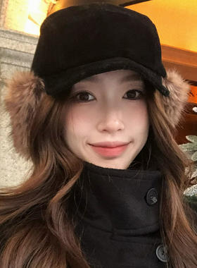 黑色仿狐狸毛毛绒平顶马术帽子女
