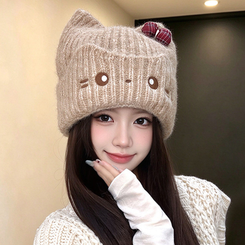 秋冬猫咪蝴蝶结保暖毛线帽女