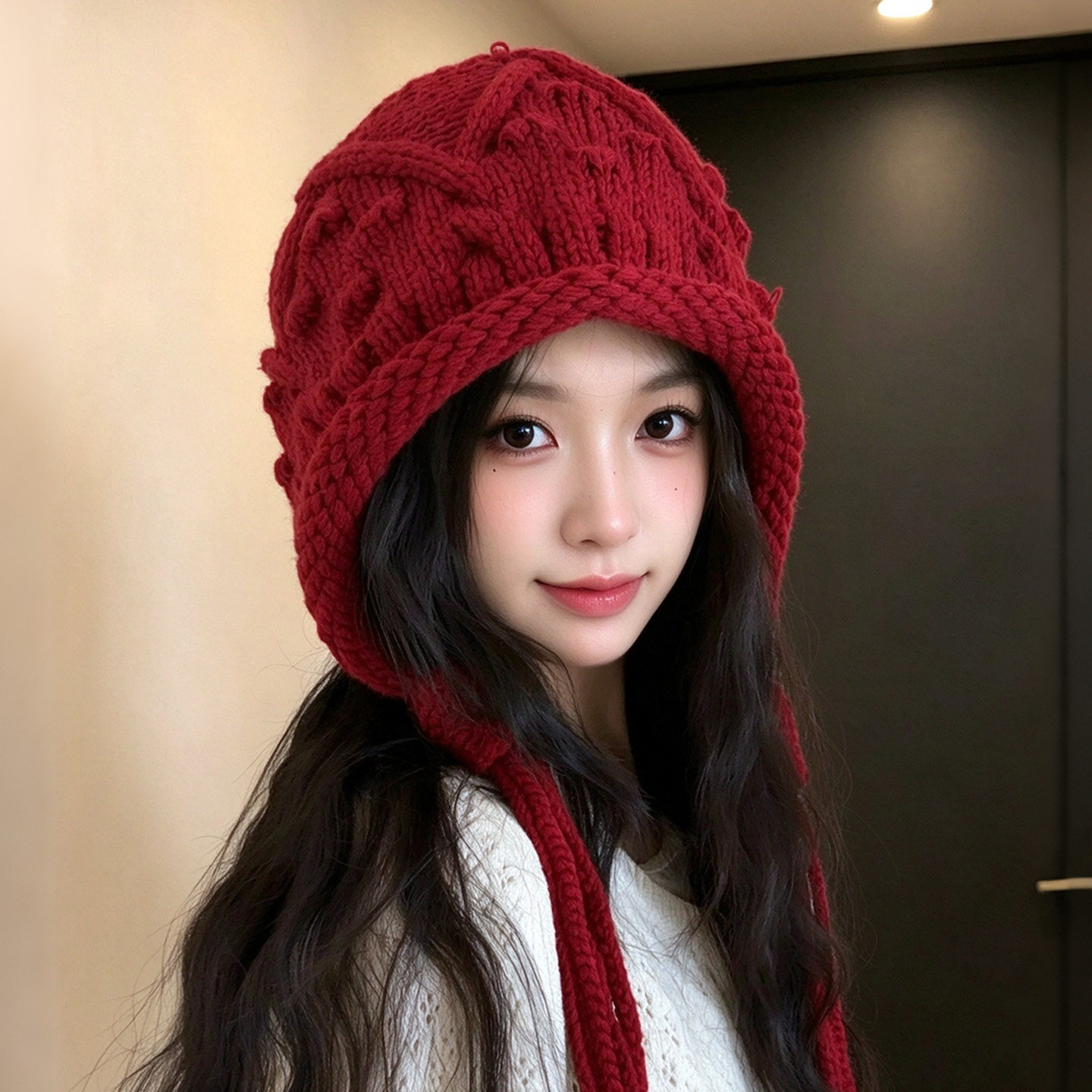 手工钩针流苏保暖护耳针织帽女