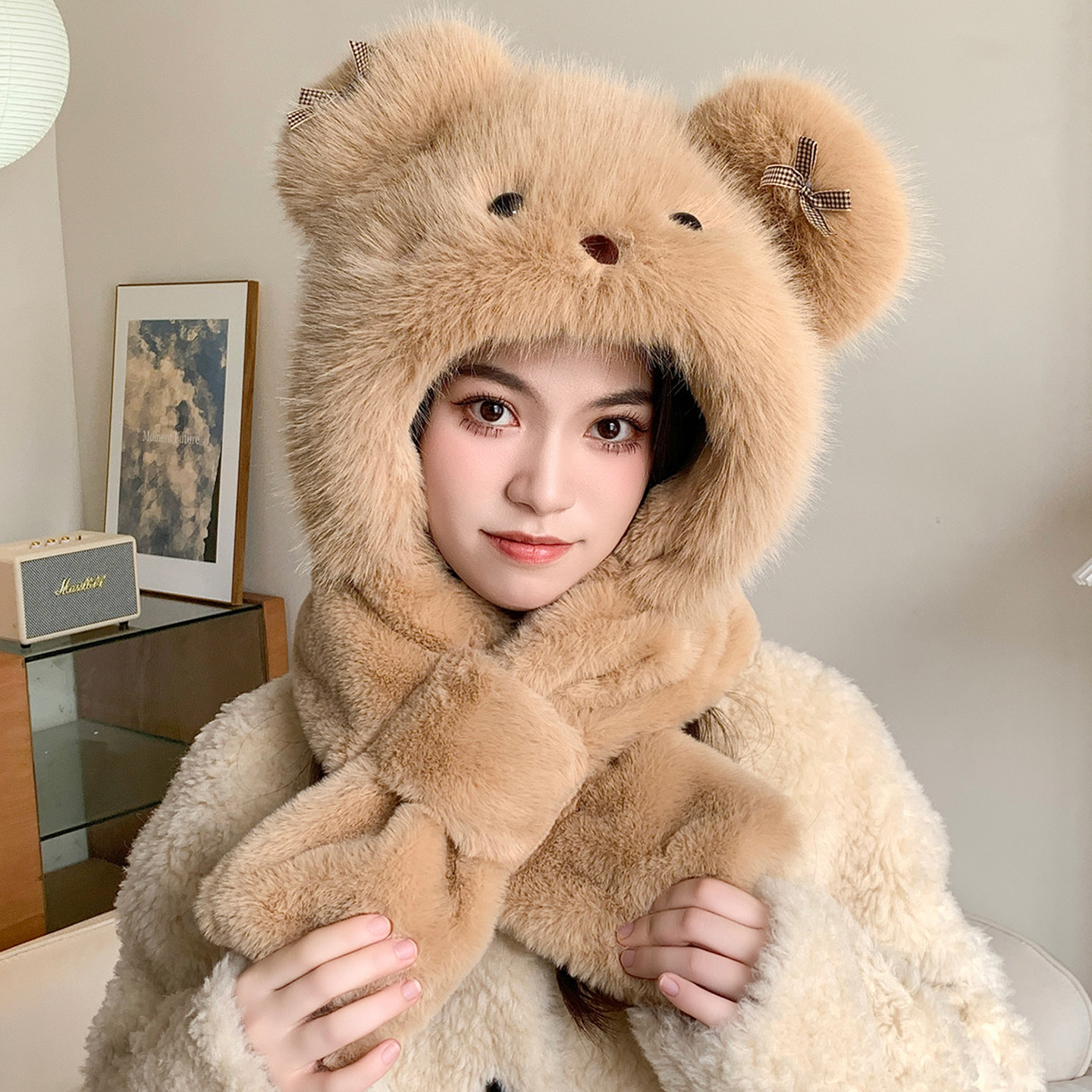可爱小熊毛绒雷锋帽子女围巾一体