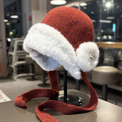 冬日红色加厚保暖毛线帽子女户外骑行防寒护耳针织帽显脸小雷锋帽