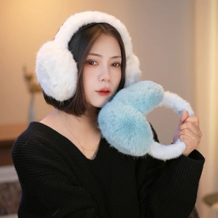蓝色仿兔毛耳罩女2025新款秋冬氛围感毛绒保暖防寒骑行耳包耳捂子