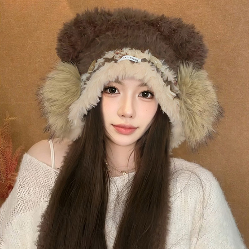 冬季女小熊毛绒保暖护耳针织帽