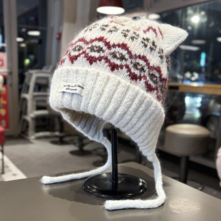 可爱猫耳朵费尔岛毛线帽子女冬季加厚保暖护耳针织帽显脸小套头帽