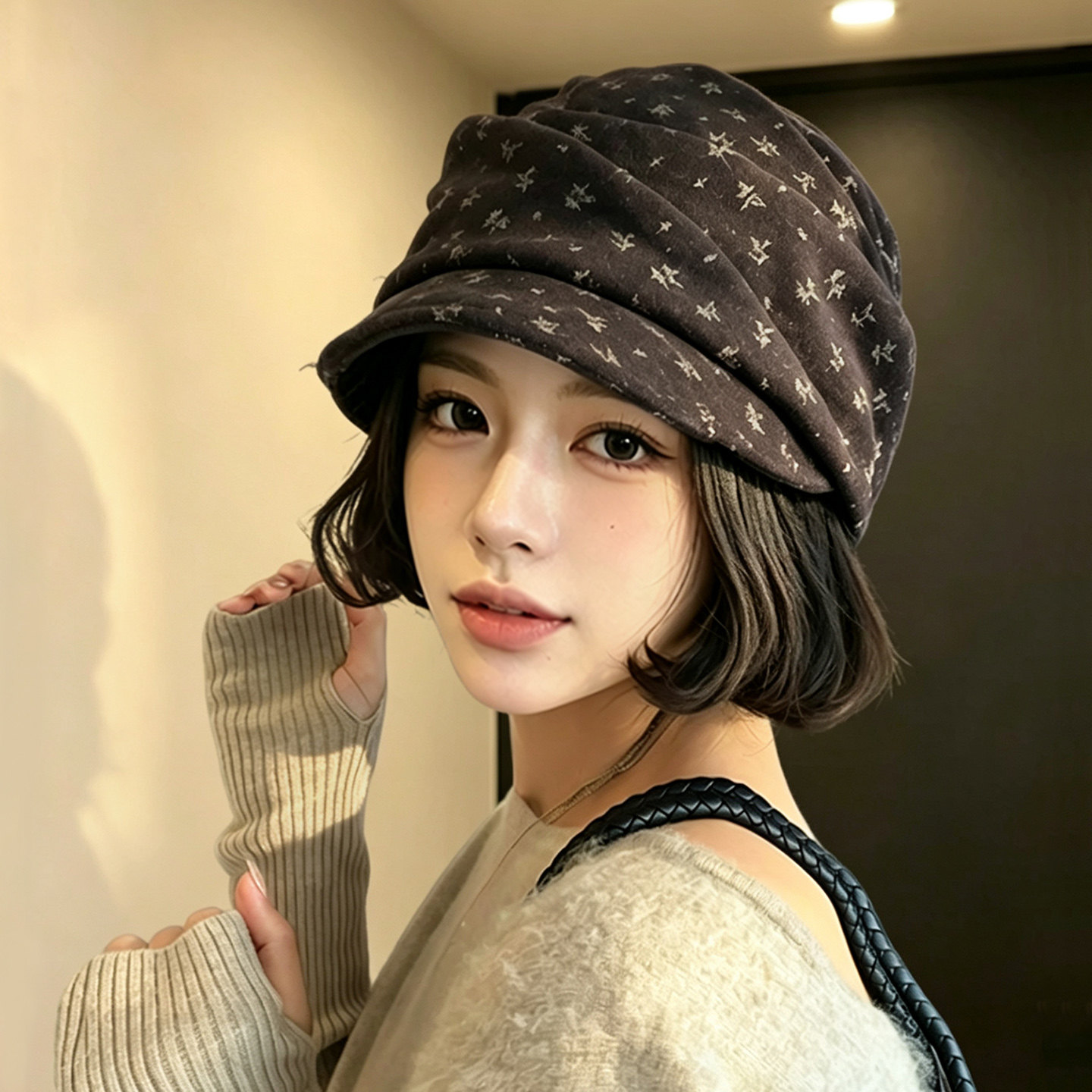 秋季复古碎花平顶贝雷帽女显脸小