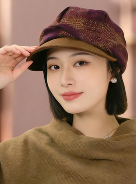 美拉德复古羊毛护耳时尚贝雷帽子女冬季高级感鸭舌帽显脸小画家帽