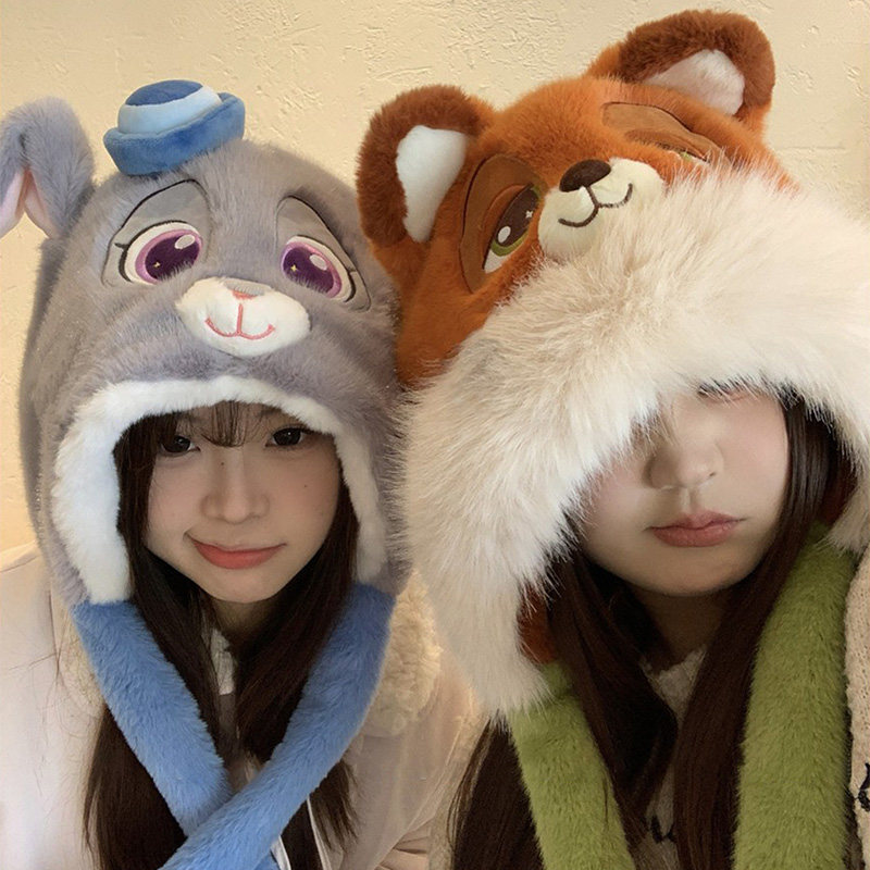 迪士尼朱迪尼克狐狸毛绒帽子女冬季围巾一体保暖防寒护耳帽雷锋帽