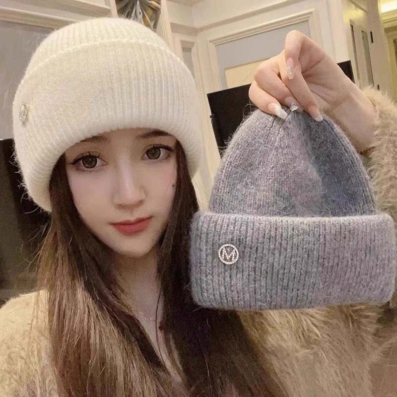 冬季新款帽子女日系大头围百搭毛线帽加绒加厚骑车护耳兔毛针织帽