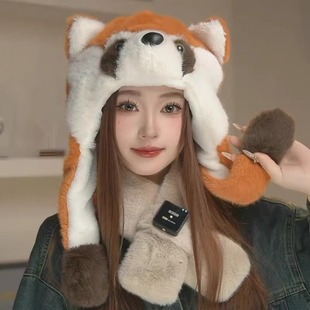 可爱会动小熊猫毛绒帽子女秋冬季保暖加厚加绒护耳雷锋帽骑车防寒