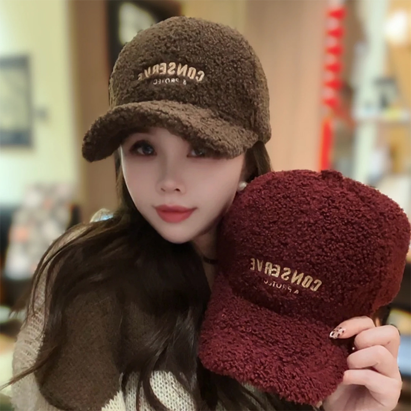 韩版羊羔毛字母刺绣棒球帽子女冬季保暖防风大头围百搭时尚鸭舌帽