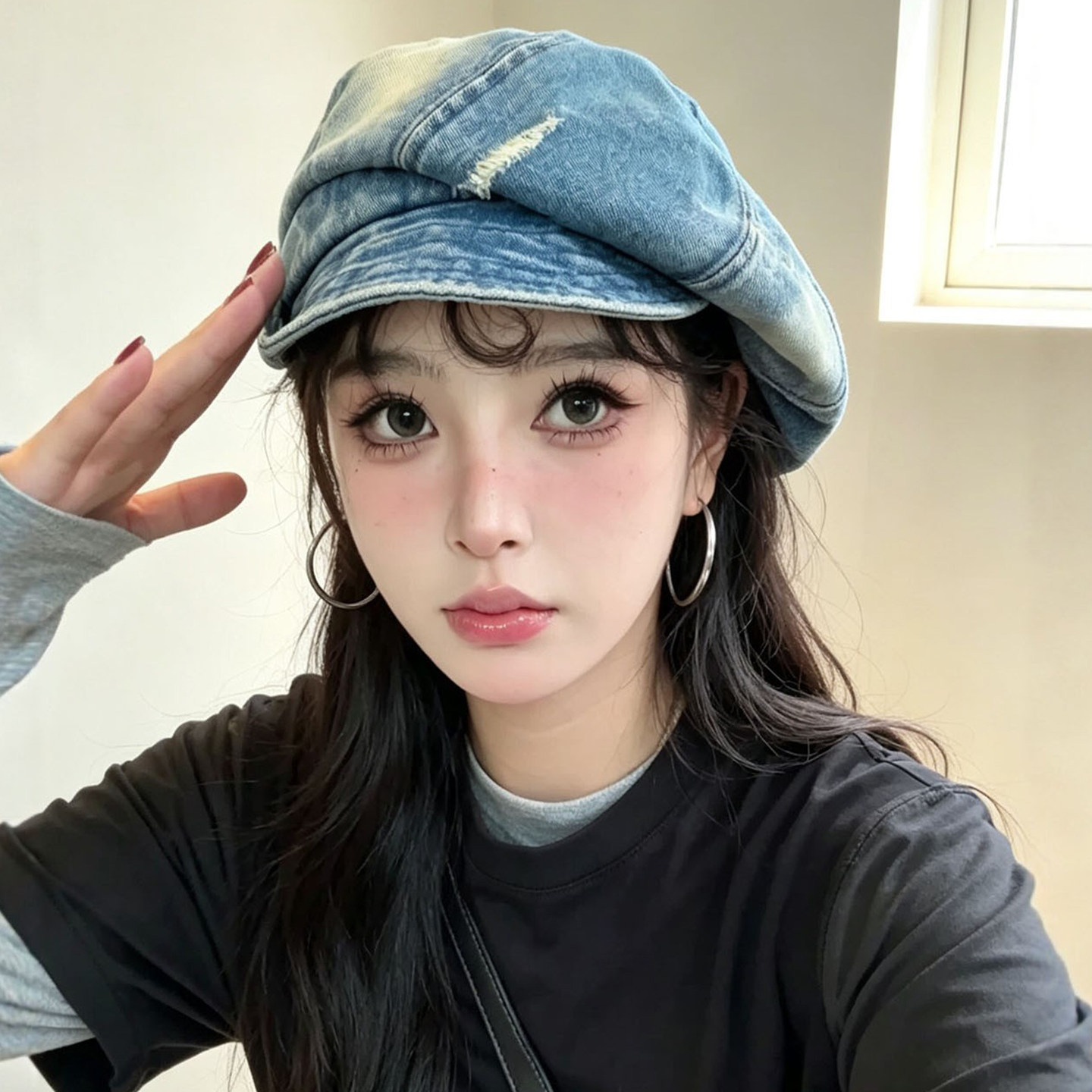 复古破洞牛仔八角帽女显脸小