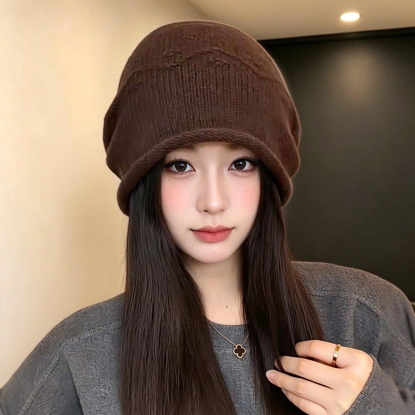 韩系100%羊毛针织堆堆帽秋冬季保暖百搭显脸小帽子女复古休闲冷帽