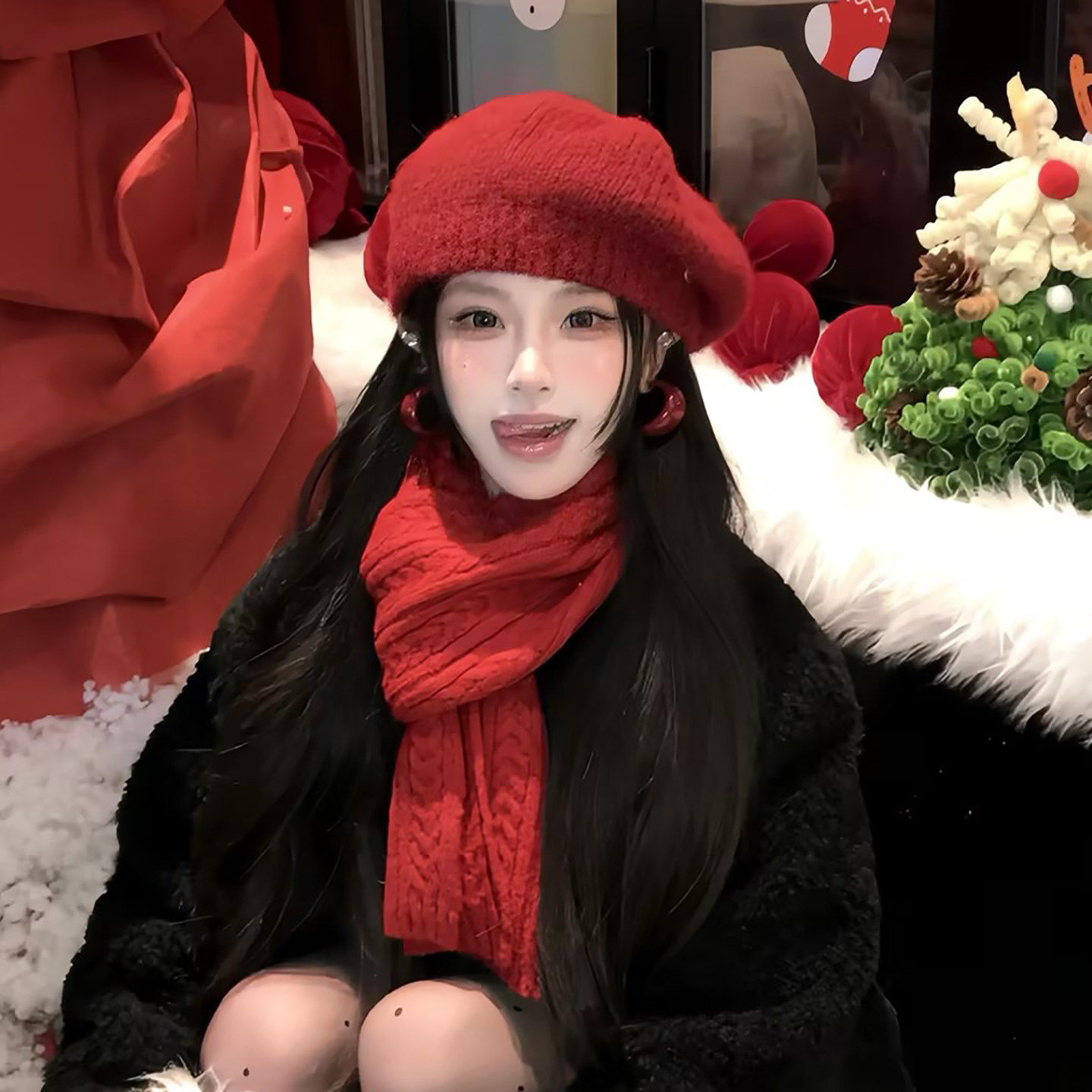 新年红两件套礼物麻花围巾帽子女冬季加厚韩系氛围感贝雷帽本命年