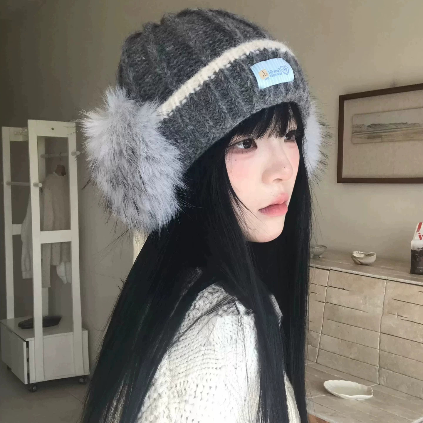韩系甜美毛绒针织护耳帽秋冬保暖