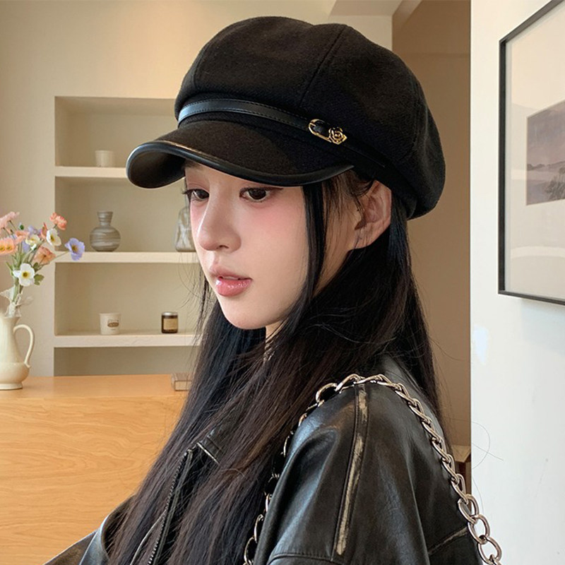 日系复古黑色鸭舌贝雷帽子女秋季