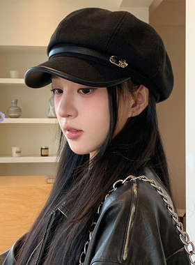 日系复古黑色鸭舌贝雷帽子女秋季