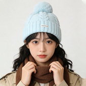 韩系甜美可爱针织帽冬季 麻花保暖毛线帽冰蓝色加厚护耳毛球帽子女