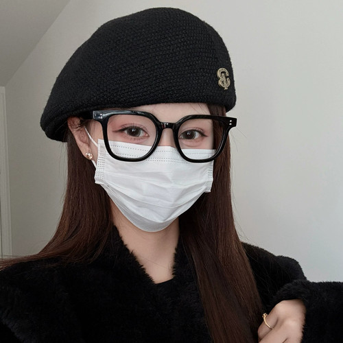 韩系黑色针织贝雷帽女显脸小百搭