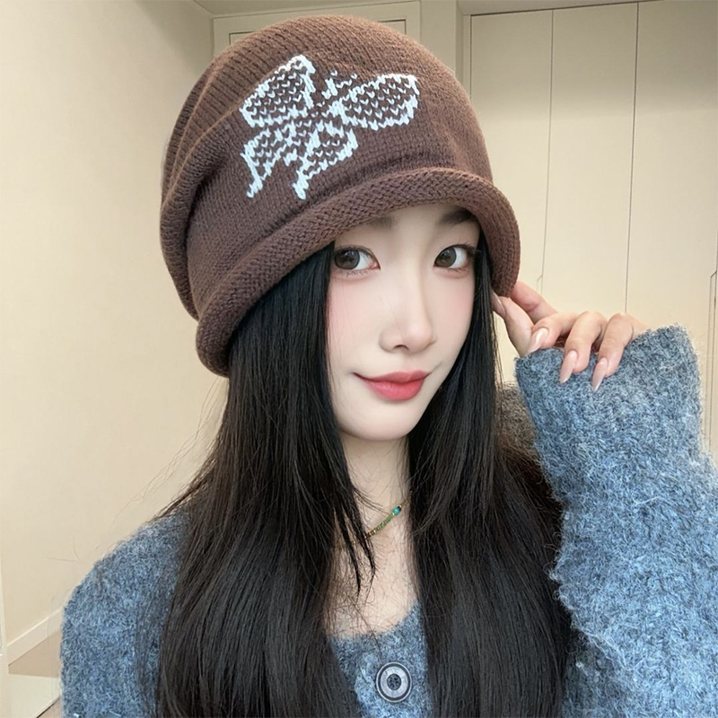 韩系卷边蝴蝶抽绳堆堆帽子女秋冬