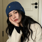 韩系蓝色立体星星毛线针织帽子女冬季 加厚保暖护耳帽显脸小包头帽