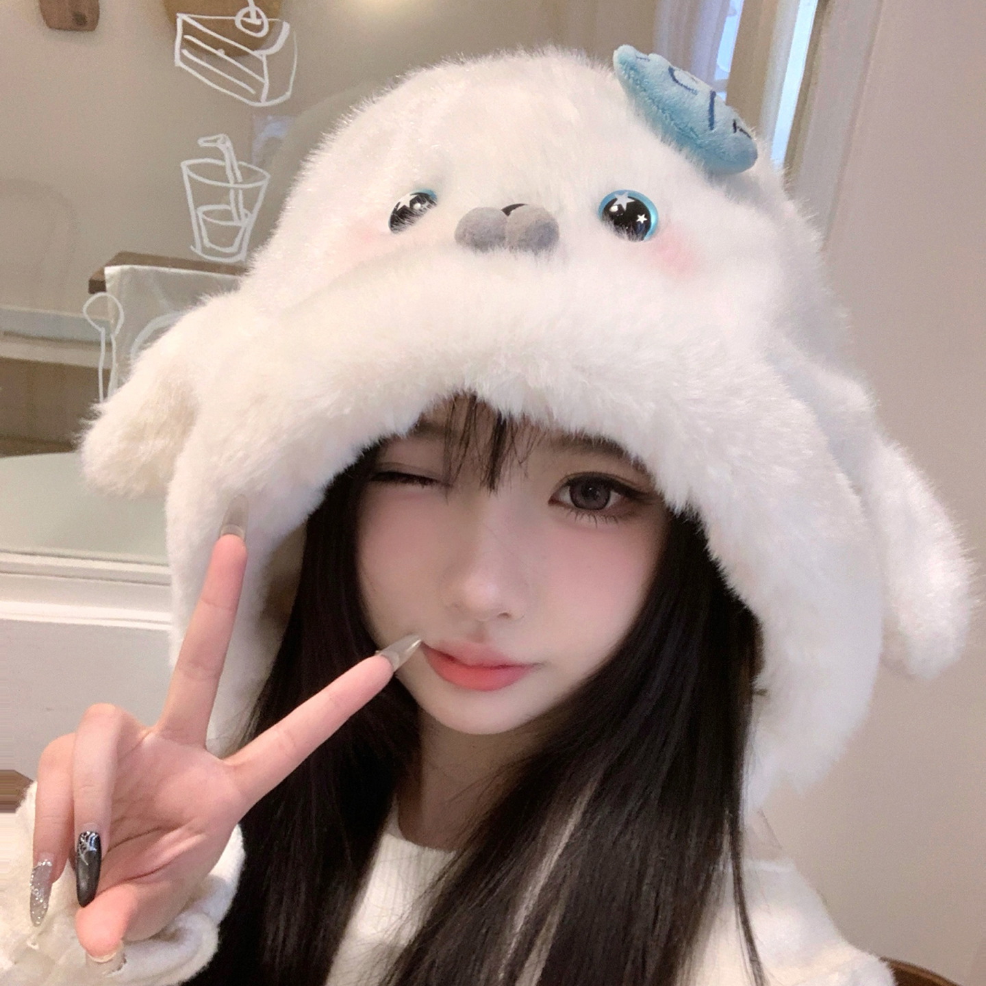 可爱海豹耳朵会动毛绒帽子女秋冬季保暖防寒护耳雷锋帽骑车包头帽