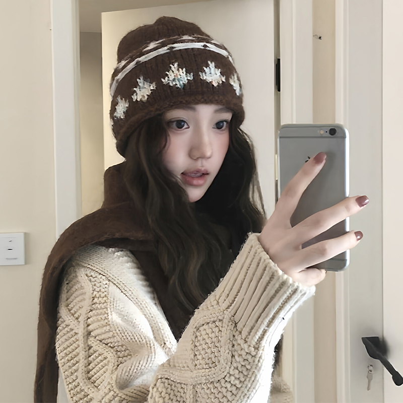 复古提花费尔岛毛线帽子女秋冬季
