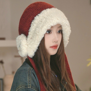 秋冬季毛绒加厚红色护耳毛线帽子女防寒保暖针织绑带雷锋帽氛围感