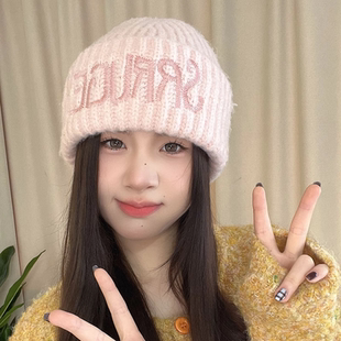 美式字母针织帽子女春秋大头围宽松毛线帽护耳保暖冷帽百搭显脸小