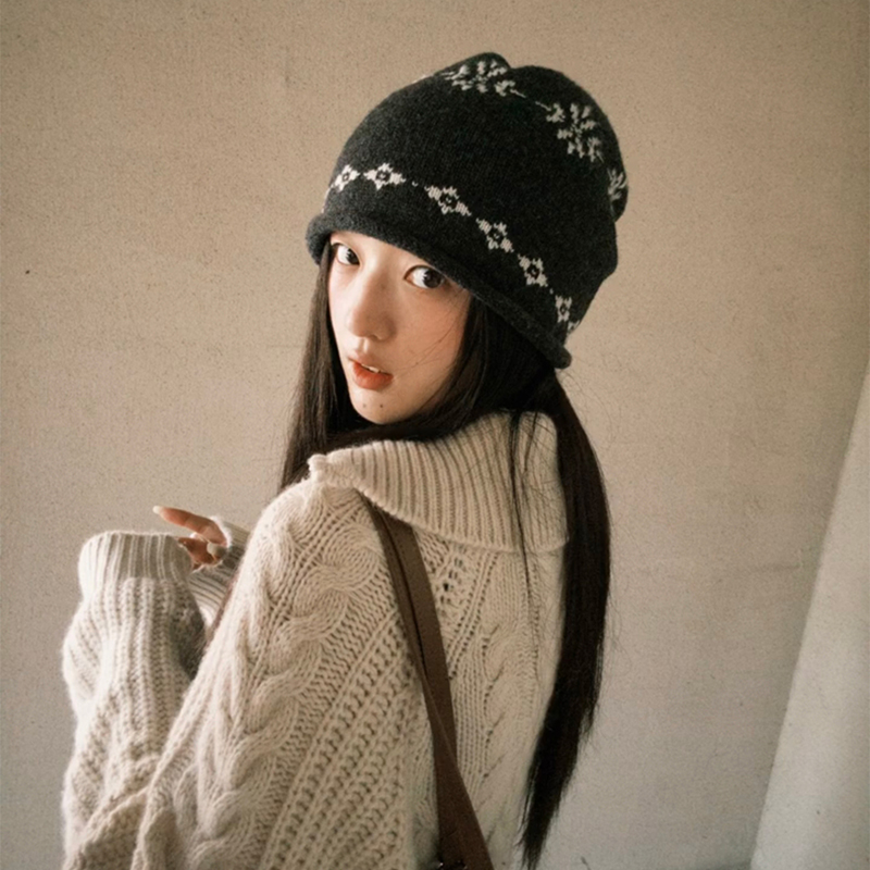 费尔岛提花卷边针织冷帽秋冬季保暖时尚百搭显脸小毛线堆堆帽子女