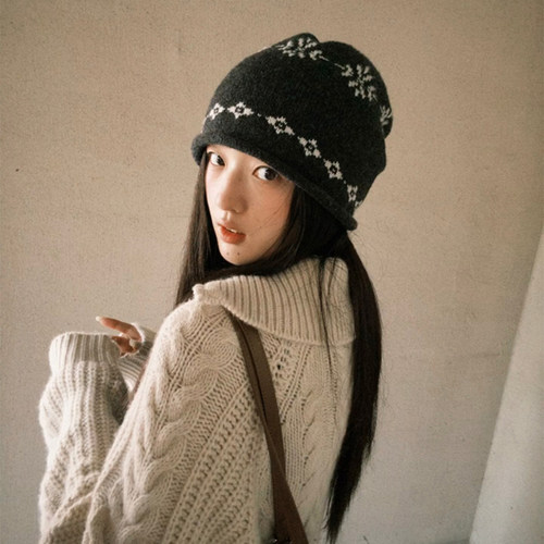 费尔岛提花卷边针织冷帽子女秋冬