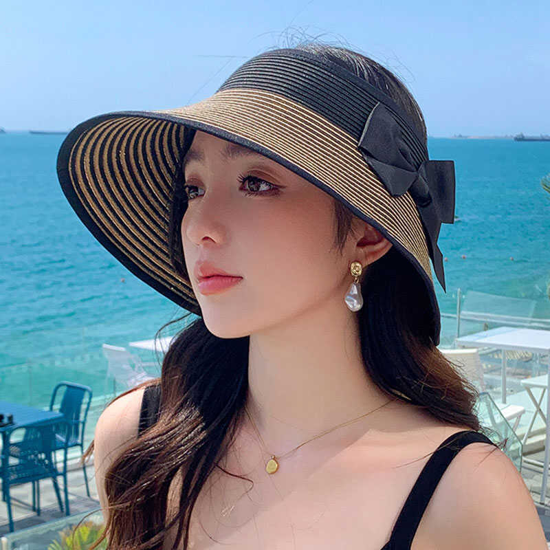可折叠日本防紫外线大檐空顶防晒帽蝴蝶结草帽子女夏季草编太阳帽